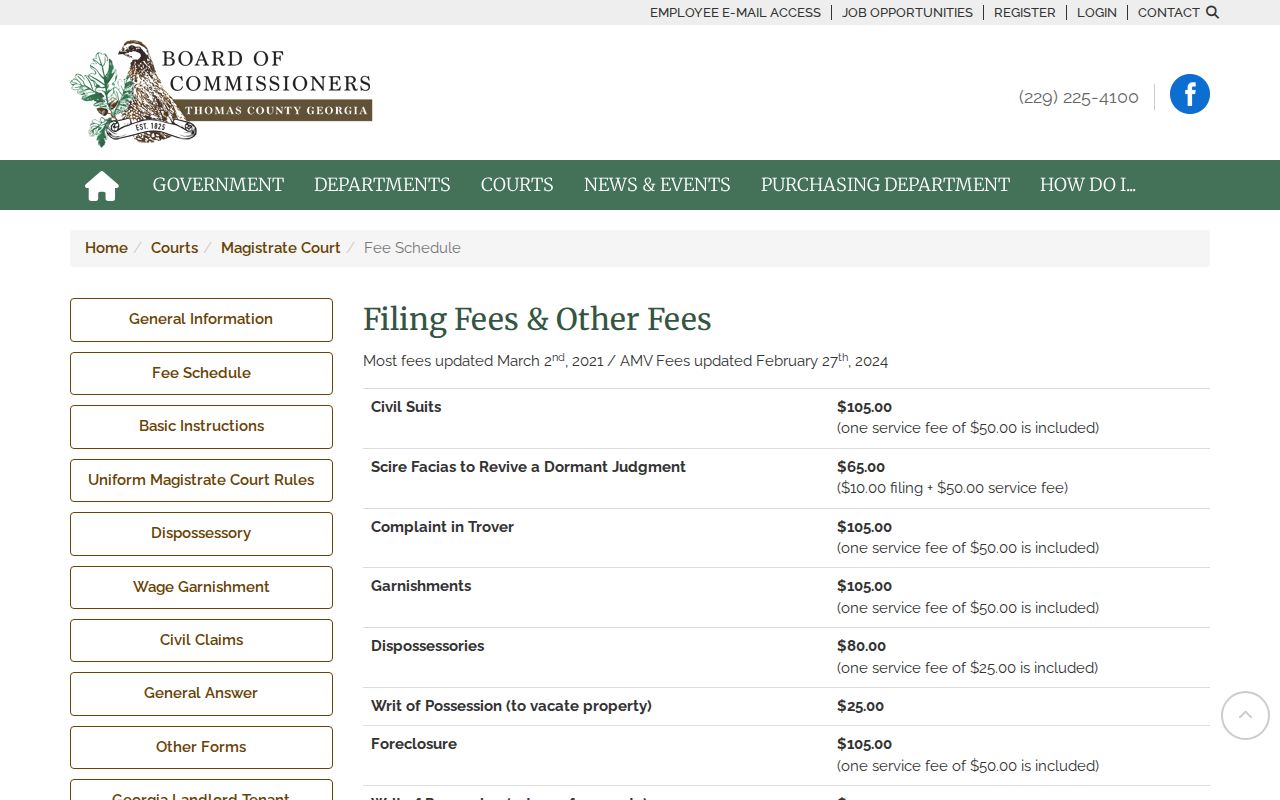 Thomas County criminal docket Magistrate Court fee schedule