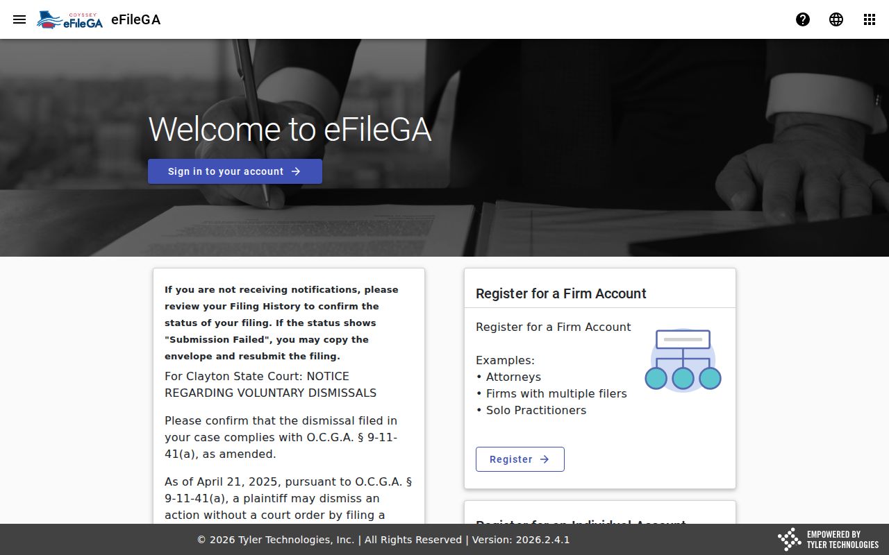 Georgia eFileGA Odyssey landing page linked by Thomas County