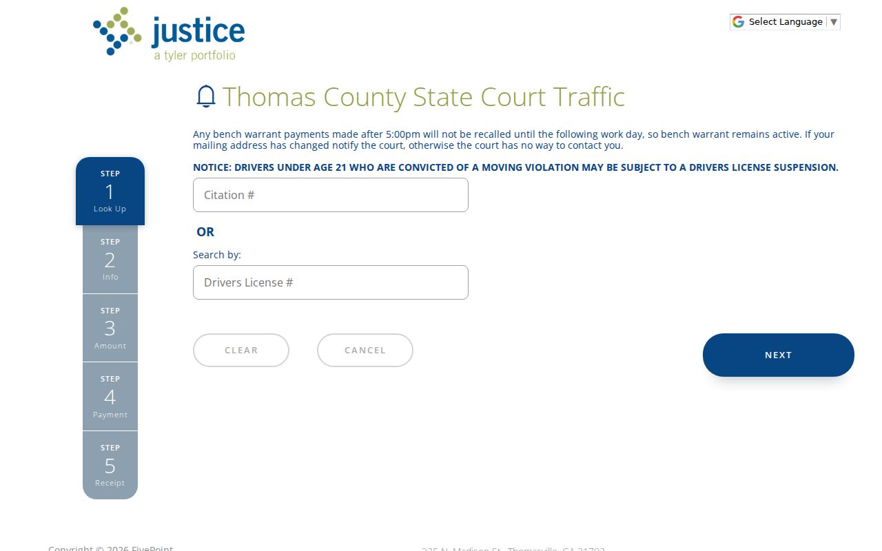 Thomas County Clerk linked FivePoint traffic payment page